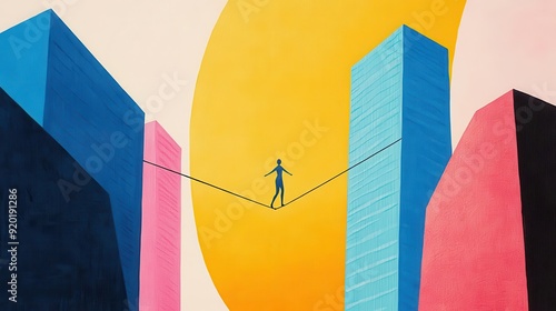 Abstract painting of a person walking a tightrope between two skyscrapers, symbolizing the balance and risk in decision making photo