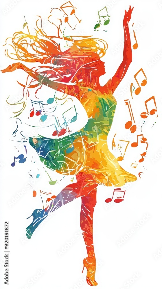 Obraz premium A vibrant silhouette of a dancer surrounded by colorful musical notes, embodying the joy and energy of music and dance.