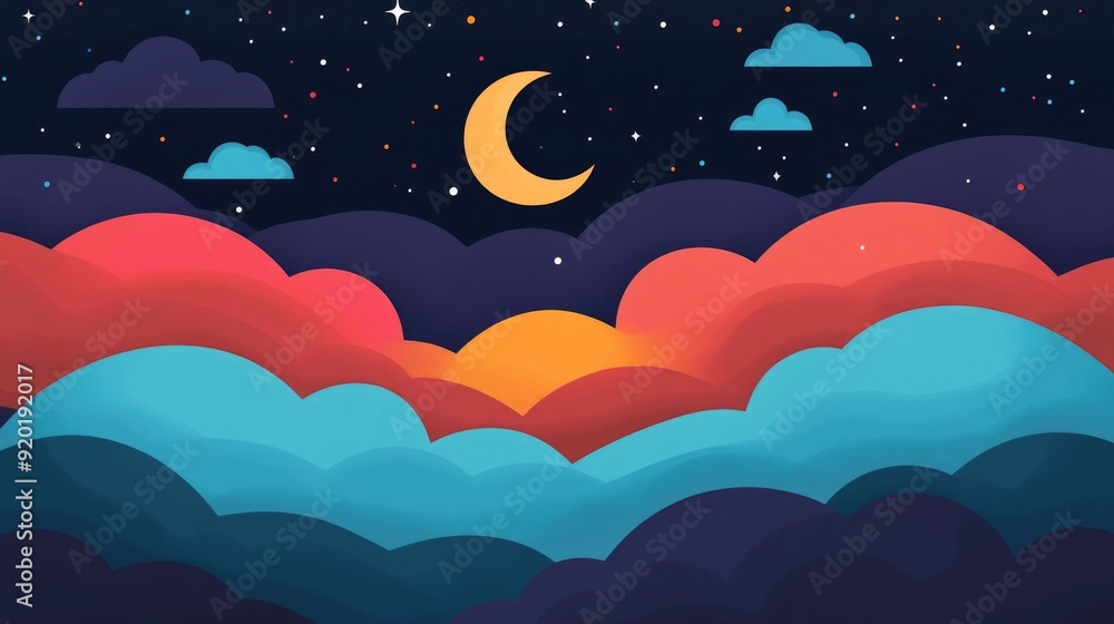 Serene crescent moon set against a tranquil night sky in a minimalist flat design This captivating digital artwork captures the calming and atmospheric qualities of a peaceful starry evening Serene crescent moon set against a tranquil night sky in a minimalist flat design This captivating digital artwork captures the calming and atmospheric qualities of a peaceful starry evening