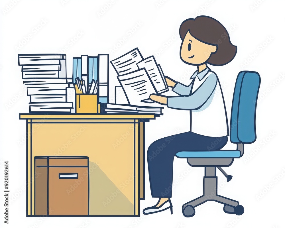 A woman sits at her desk, organizing documents and managing paperwork in a well-lit office environment. A woman sits at her desk, organizing documents and managing paperwork in a well-lit office environment.