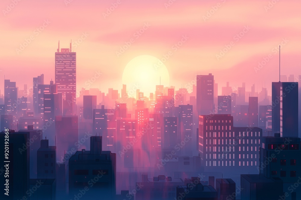 Fototapeta premium A sunset view over a city with soft, warm light cascading through the skyline The scene is cozy vibe, Generative AI