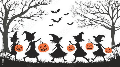 Charming Halloween scene with silhouetted witches walking and carrying pumpkins amidst spooky trees and flying bats.