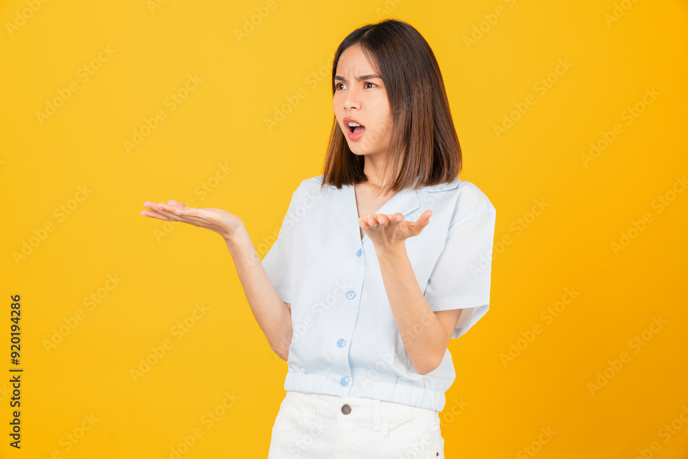 Confused young woman shrugging shoulders, isolated on yellow background. Confused young woman shrugging shoulders, isolated on yellow background.