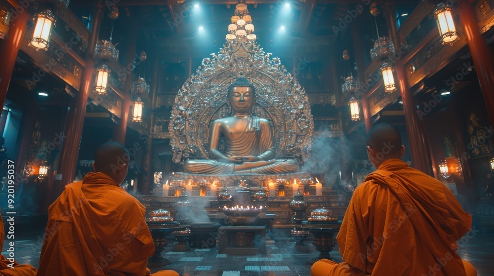 Obraz premium Buddhist Monks Praying in a Temple