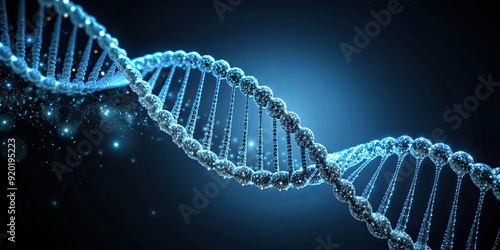 Artificial DNA strand on dark background, genetic engineering, biotechnology, science, research