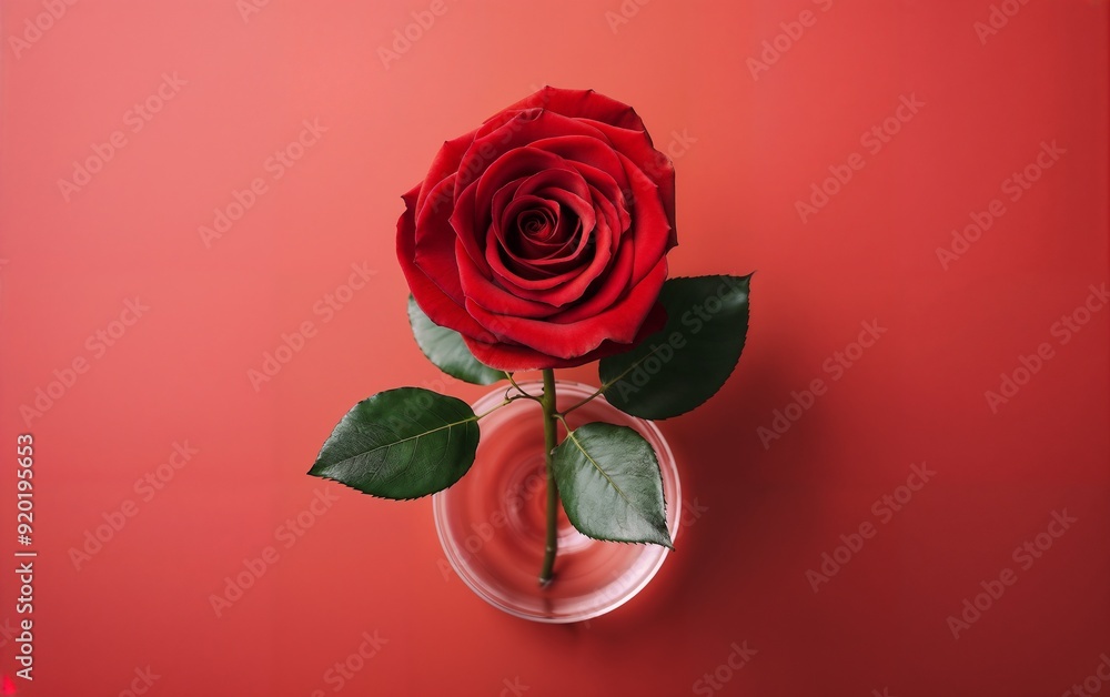 Fototapeta premium Single Red Rose in a Glass Vase on a Red Background - Elegant Floral Decoration