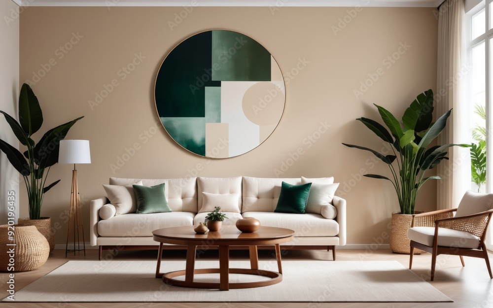 Fototapeta premium Modern minimalist living room with large window, beige sofa, arm