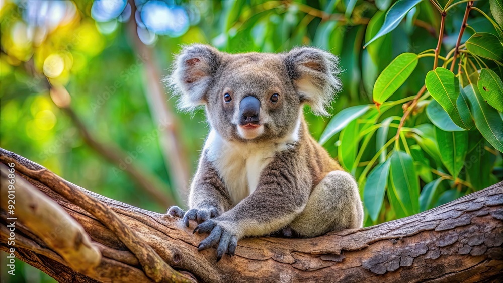 Obraz premium Wild Koala sitting on eucalyptus tree branch in Magnetic Island, Koala, Phascolarctos Cinereous, wildlife, Australia, eucalyptus