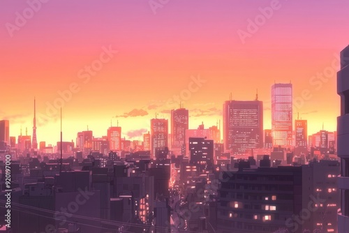 Wallpaper Mural The city skyline at sunset with a soft orange glow and gentle city lights The scene has a cozy vibe, Generative AI Torontodigital.ca