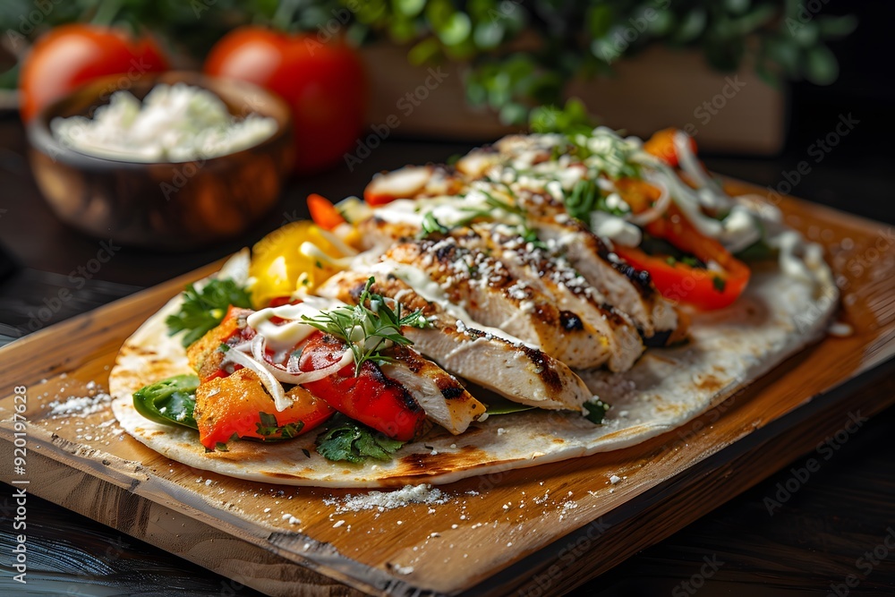 Delicious grilled chicken fajitas with colorful vegetables on a wooden platter. Delicious grilled chicken fajitas with colorful vegetables on a wooden platter.