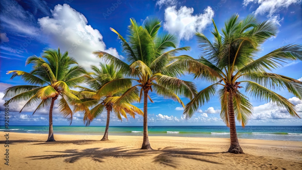 Palm trees swaying on a sandy beach , tropical, paradise, vacation, relaxation, ocean, coast, summer Palm trees swaying on a sandy beach , tropical, paradise, vacation, relaxation, ocean, coast, summer