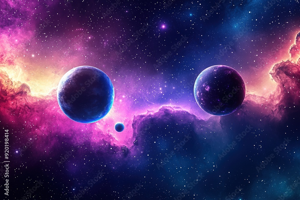Vibrant cosmic scene featuring colorful nebulae and planets in a vast universe, ideal for science and space-themed projects. Vibrant cosmic scene featuring colorful nebulae and planets in a vast universe, ideal for science and space-themed projects.