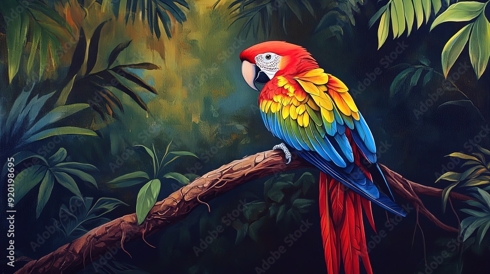 Vibrant Parrot on Jungle Branch: A Colorful Poster Perfect for Brightening Up Sports Interiors and Nature-Inspired Decor Vibrant Parrot on Jungle Branch: A Colorful Poster Perfect for Brightening Up Sports Interiors and Nature-Inspired Decor