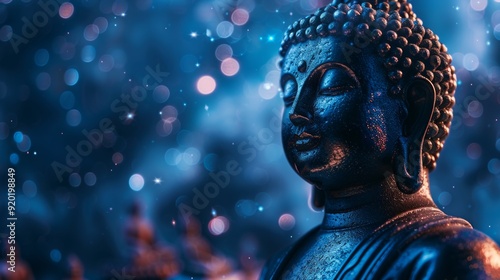 A Buddha statue sculpted from crystal, glowing with an inner light. The statue is set against a backdrop of a starry night sky, creating a celestial and serene atmosphere. 