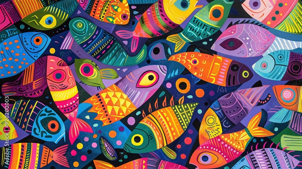 Naklejka premium Brightly colored fishes and loaves multiplying in a whimsical