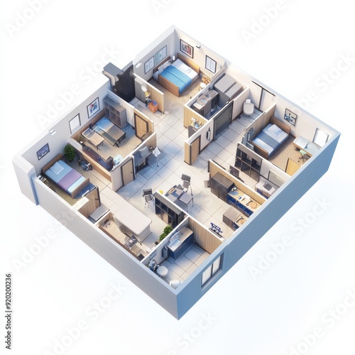 3D Render of a college dormitory with individual rooms, common areas, and study lounges. Miniature, on isolated white background