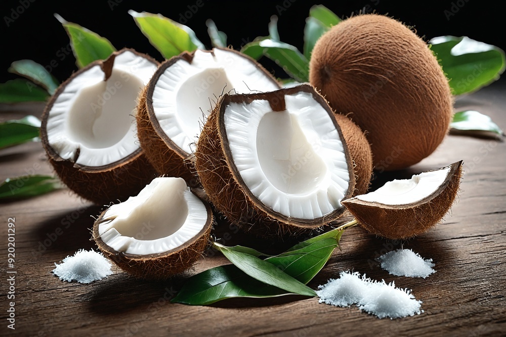 Coconut Cluster on Wooden Table with Leaves Coconut Cluster on Wooden Table with Leaves