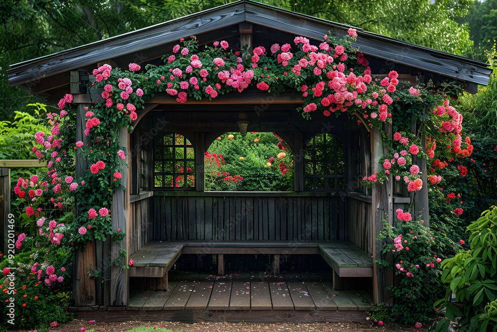 Charming Gazebo Adorned with Pink Flowers Charming Gazebo Adorned with Pink Flowers