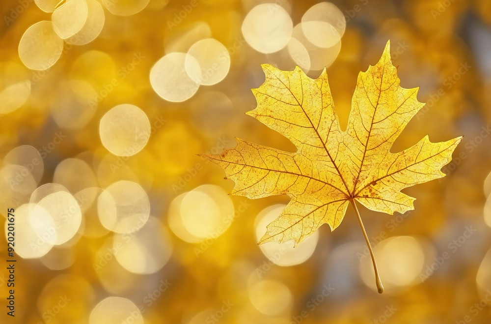 Fototapeta premium A yellow maple leaf on an autumn background with bokeh lights. 