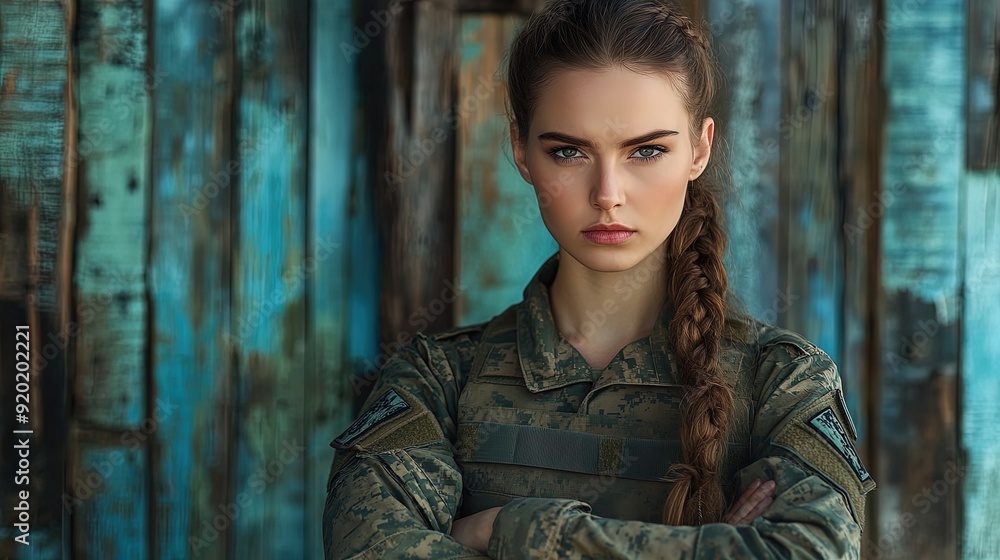 Empowered Female Soldier: A Strong and Serious Pose – Perfect for Sports Interior Decor and Inspiring Posters with Rustic Charm in Blue and Green Tones Empowered Female Soldier: A Strong and Serious Pose – Perfect for Sports Interior Decor and Inspiring Posters with Rustic Charm in Blue and Green Tones
