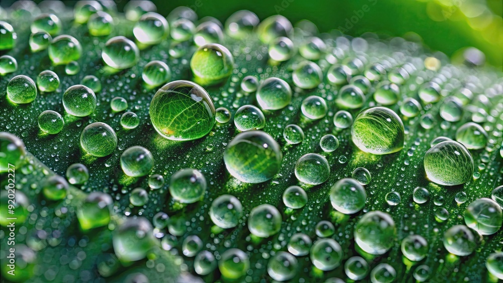 Close-up of a verdant leaf covered in pristine dew drops, nature, green, plant, foliage, close-up, detail, water droplets Close-up of a verdant leaf covered in pristine dew drops, nature, green, plant, foliage, close-up, detail, water droplets