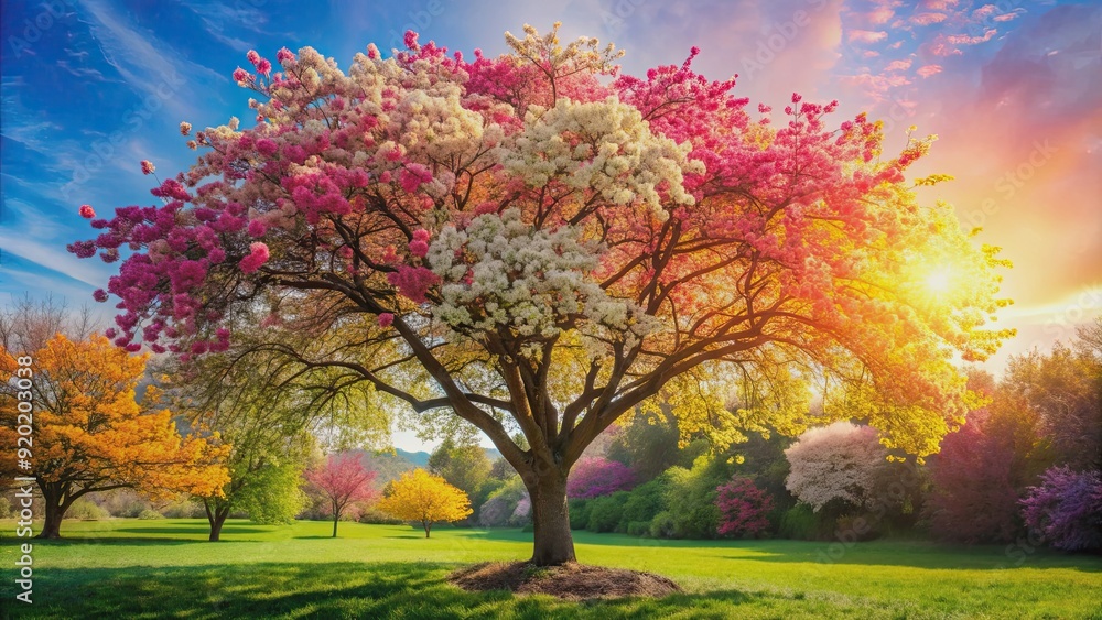 Blooming tree with colorful flowers in full bloom, spring, blossoms, nature, vibrant, growth, fresh, flora, garden, botany Blooming tree with colorful flowers in full bloom, spring, blossoms, nature, vibrant, growth, fresh, flora, garden, botany