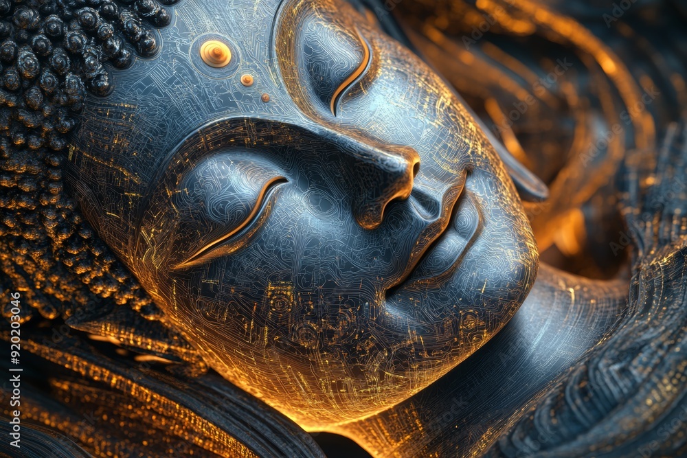 Φωτογραφία Surrealistic image of a serene face of Buddha with digital elements merging into the sculpture, illustrating the blend of tradition and technology