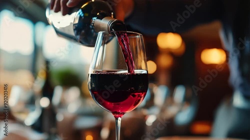 Close up of Waiter pouring red wine in a glass at restaurant. Ai Footage.
