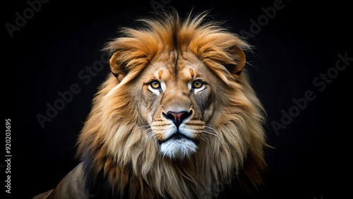 Portrait of big lion sitting  isolated on black background  High resolution image