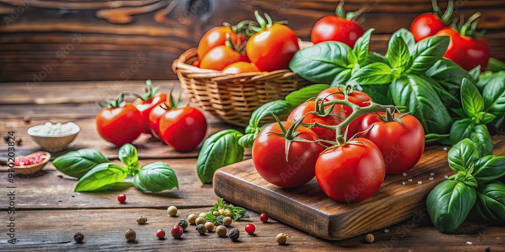 Fresh red tomatoes and basil leaves on a rustic kitchen countertop, ingredients for a healthy salad , tomatoes, basil, rustic Fresh red tomatoes and basil leaves on a rustic kitchen countertop, ingredients for a healthy salad , tomatoes, basil, rustic