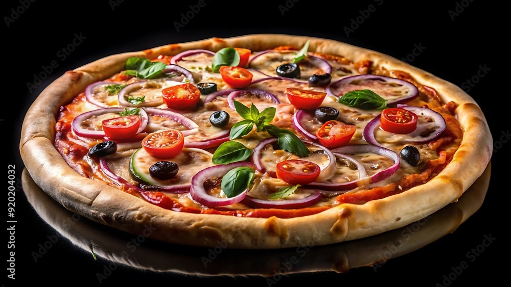 A juicy pizza on a plate with salami and ripe tomatoes slices, isolated on black background, High resolution image A juicy pizza on a plate with salami and ripe tomatoes slices, isolated on black background, High resolution image