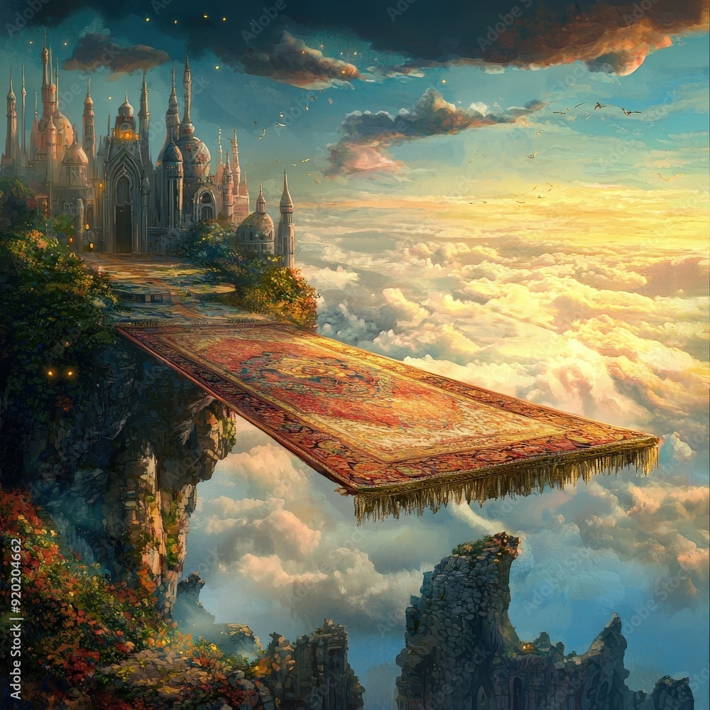 Fototapeta premium A magical carpet floating above vibrant clouds, leading to a mystical city in the sky at sunset.
