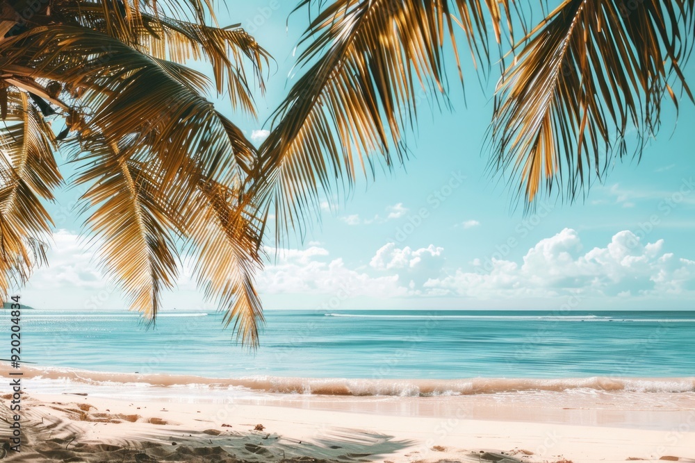 Naklejka premium A scenic view of a beach with palm trees and the ocean, perfect for travel or leisure images