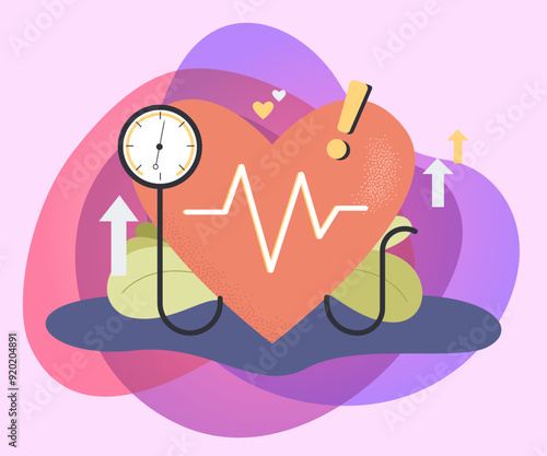 Control of high blood pressure on medical checkup. Huge heart with pulse rate flat vector illustration. Cardiology, cardiovascular disease concept