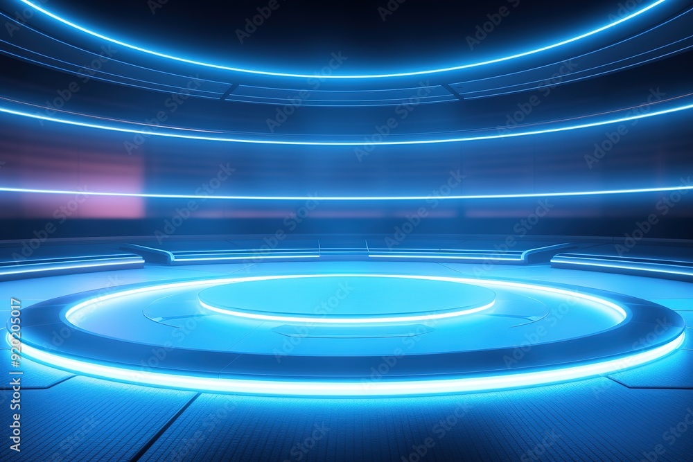 Futuristic blue neon light platform with circular design. Futuristic blue neon light platform with circular design.