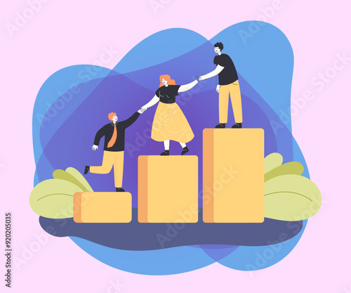 Employees giving hands and help to colleagues to walk upstairs. Mentor or leader and his team growing together flat vector illustration. Leadership, teamwork, mentorship, cooperation concept