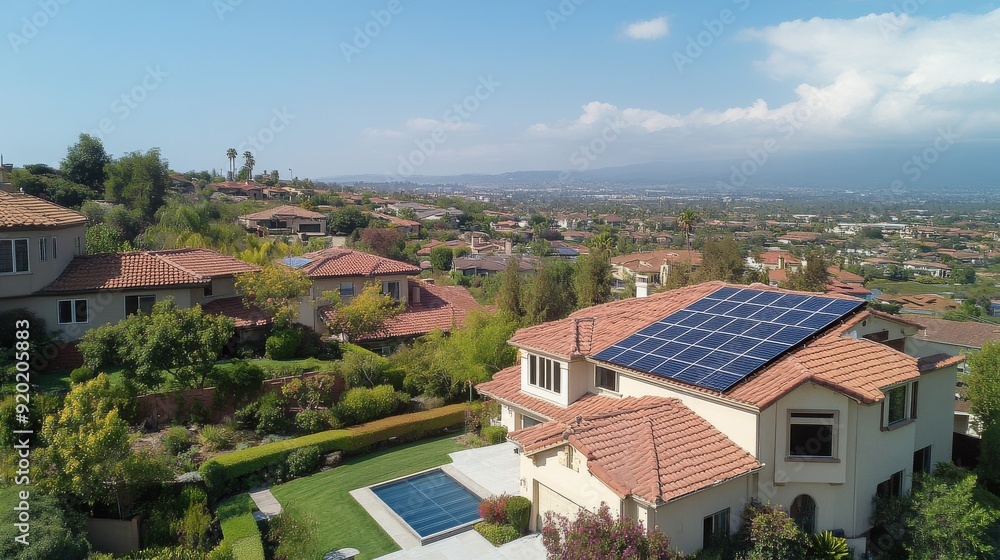 Solar Panels on a House Roof in a Suburban Neighborhood Solar Panels on a House Roof in a Suburban Neighborhood