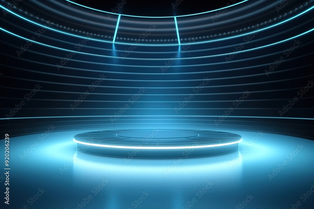 Futuristic blue neon lit platform. Futuristic blue neon lit platform.