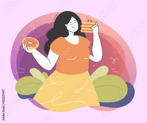Sweet tooth lady getting fat by eating unhealthy food. Smiling adult woman devouring cake and doughnut and enjoying flat vector illustration. Importance of healthy lifestyle concept