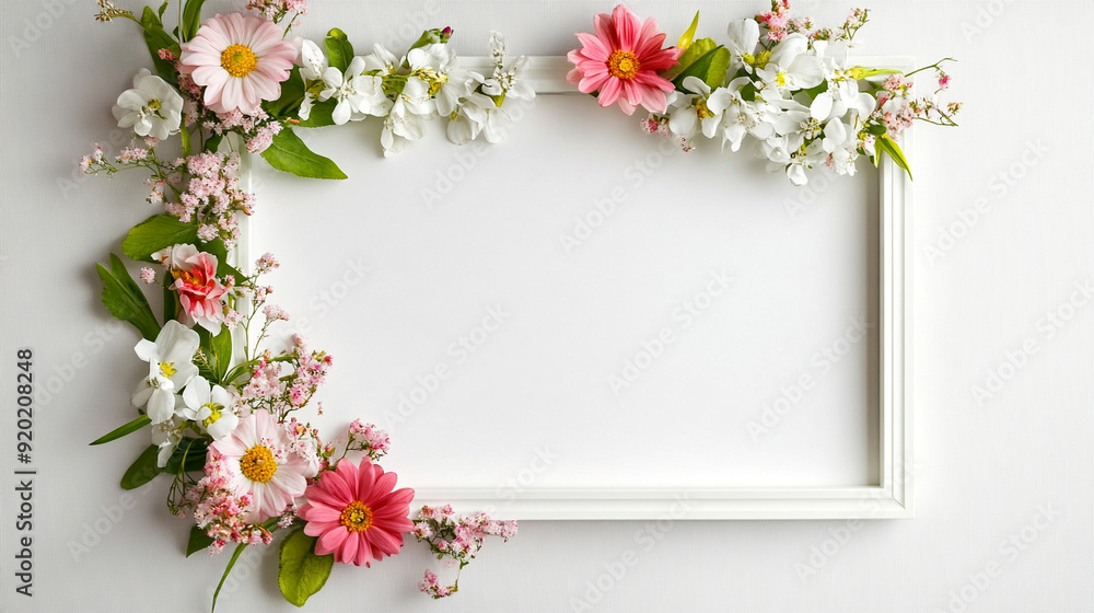 Spring floral arrangement with blank white frame Spring floral arrangement with blank white frame