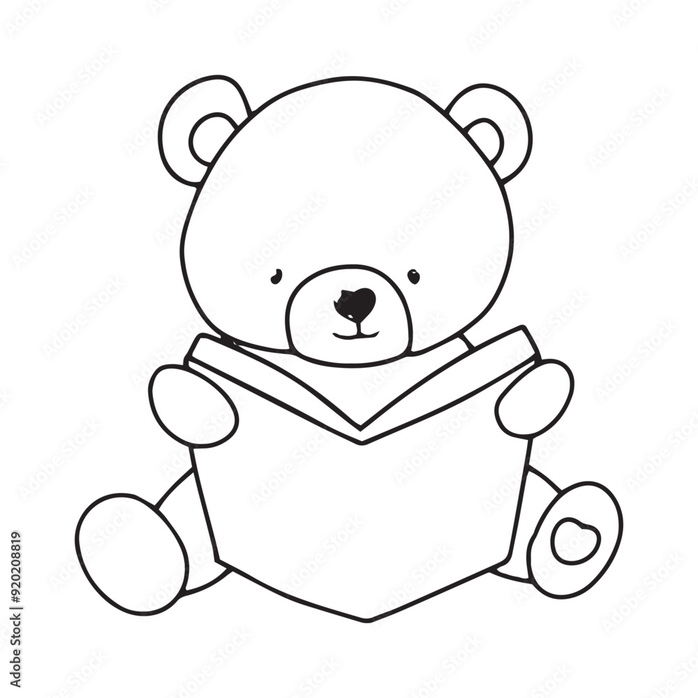 baby bear reading book. coloring book illustration baby bear reading book. coloring book illustration