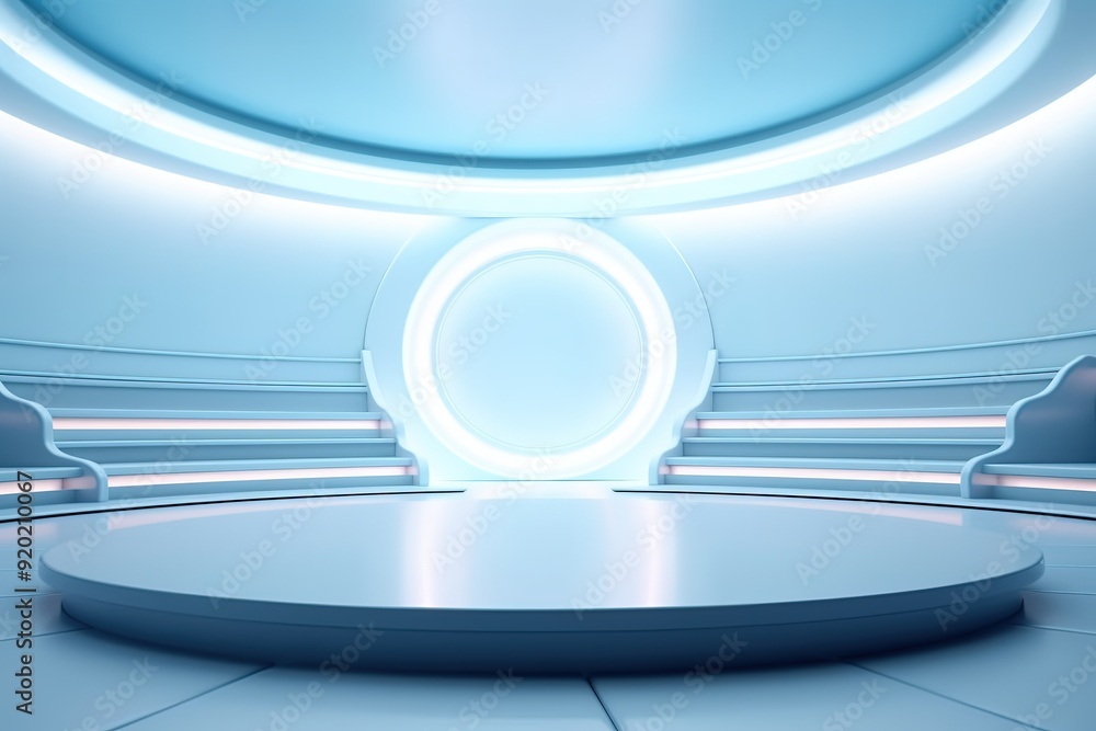 Futuristic blue platform with steps and circular light. Futuristic blue platform with steps and circular light.