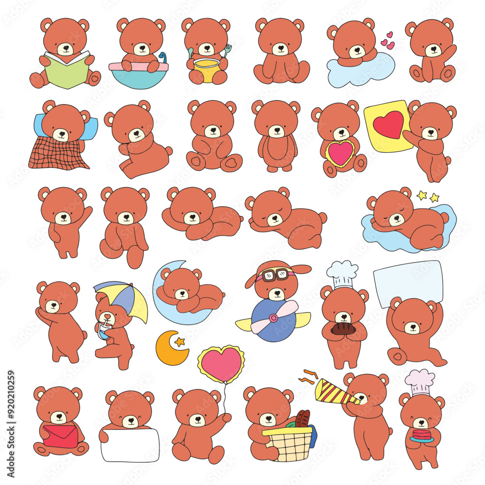 set of kawaii baby bear brown variant gesture and expression design character element. set of kawaii baby bear brown variant gesture and expression design character element.