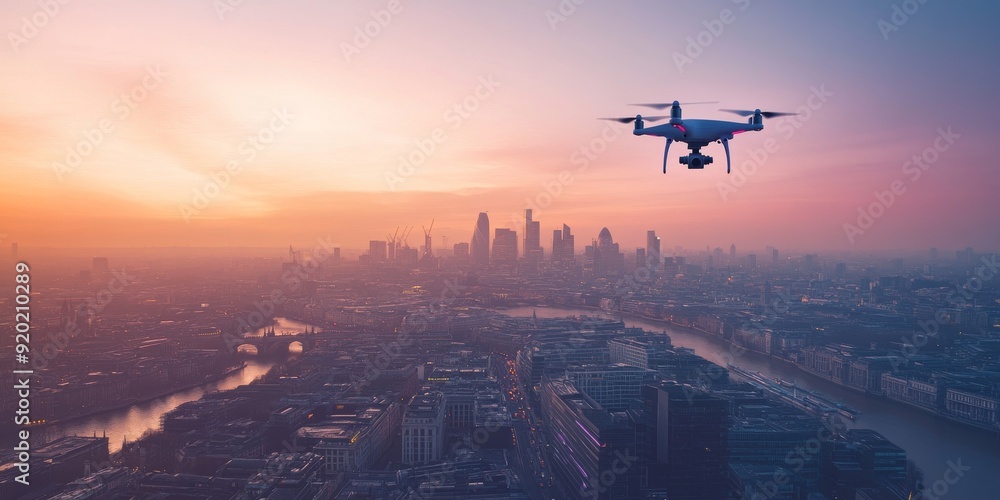 Drone Flying Over Urban Skyline Drone Flying Over Urban Skyline