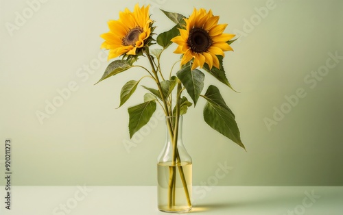 Bright Sunflowers in a Glass Vase on a Light Green Background