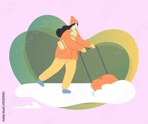 Young woman in seasonal clothes cleaning road buried in snow. Female character removing ice with shovel after winter storm flat vector illustration. Winter, outdoor activities concept