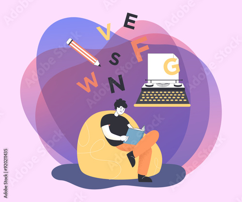 Young man with book sitting in beanbag flat vector illustration. Typewriter, pencil, letters. Literature, creative imagination, reading concept