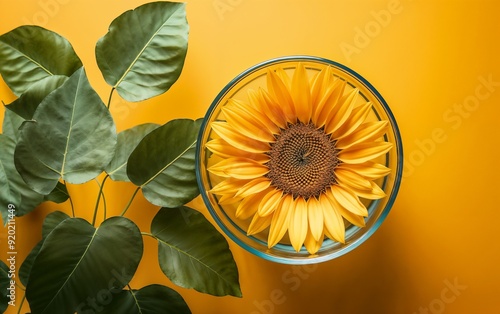 Vibrant Sunflower in a Glass Bowl with Green Leaves on Yellow Background