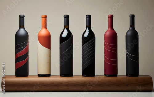 Elegant Wine Bottles in Assorted Colors with Modern Label Designs, Displayed on Wooden Stand