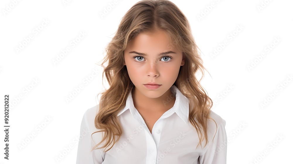 Young girl with curious look, wearing shirt, isolated on white background Young girl with curious look, wearing shirt, isolated on white background
